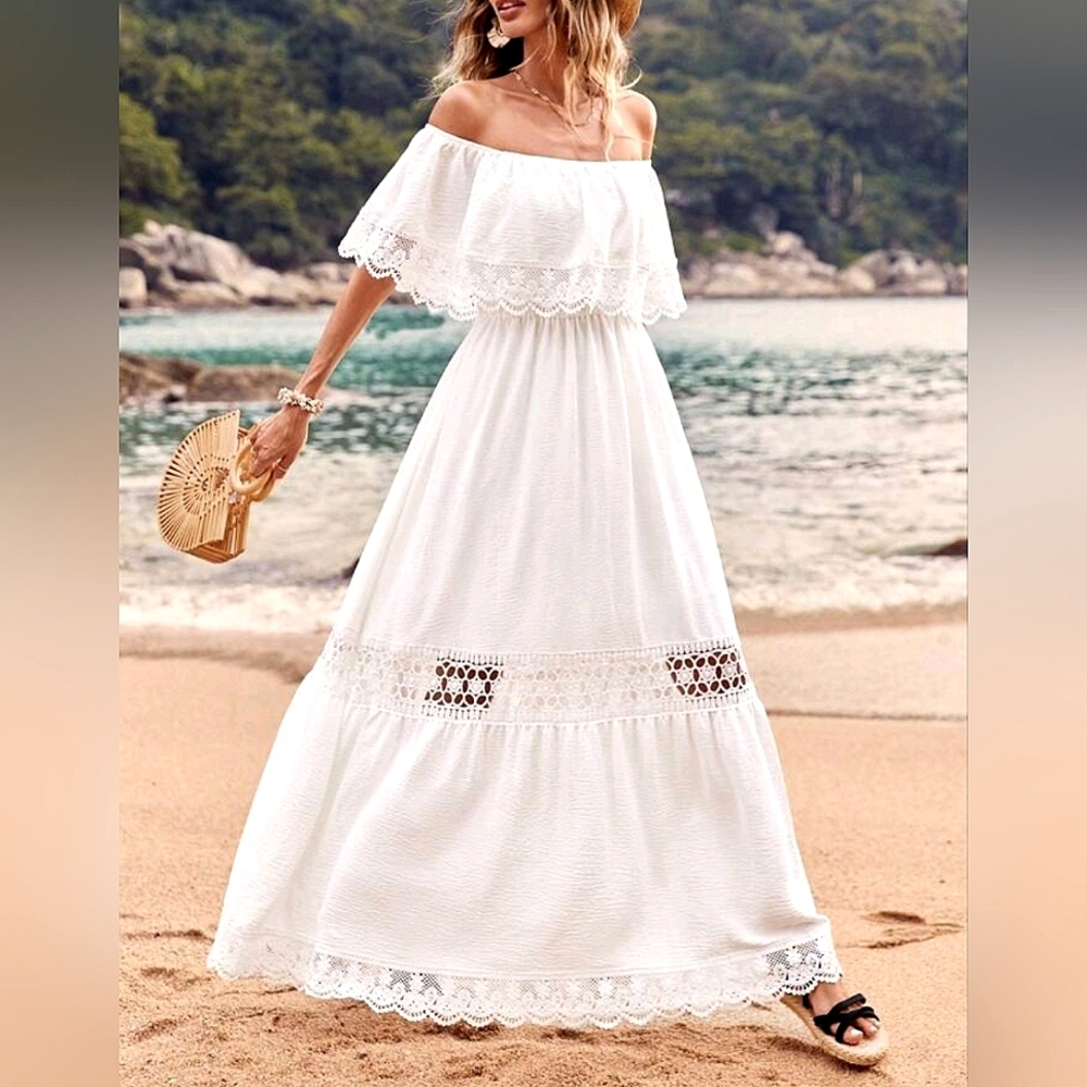New Boho Lace Inset Popover Off Shoulder Maxi Dress White